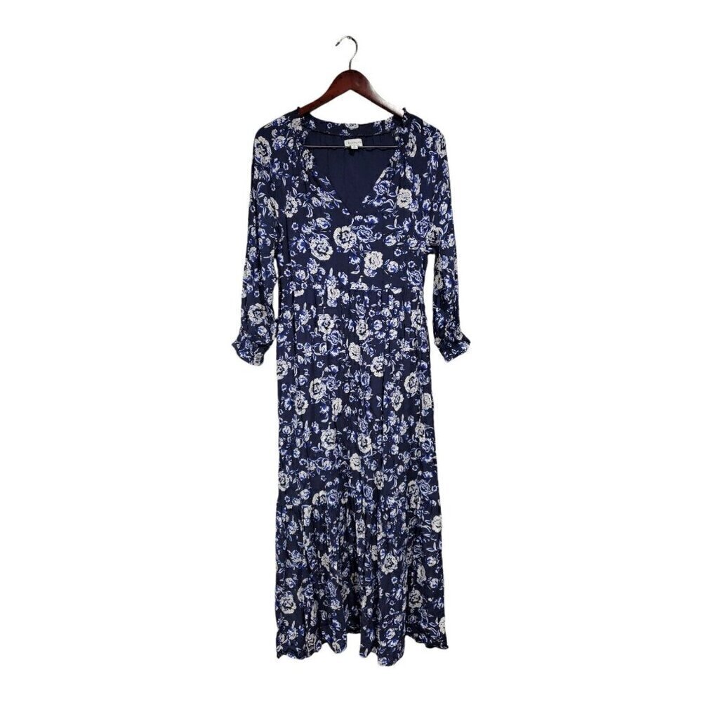Evereve Women's Tiered Floral Long-Sleeved Maxi Dress Navy Blue V-Neck Sz XS